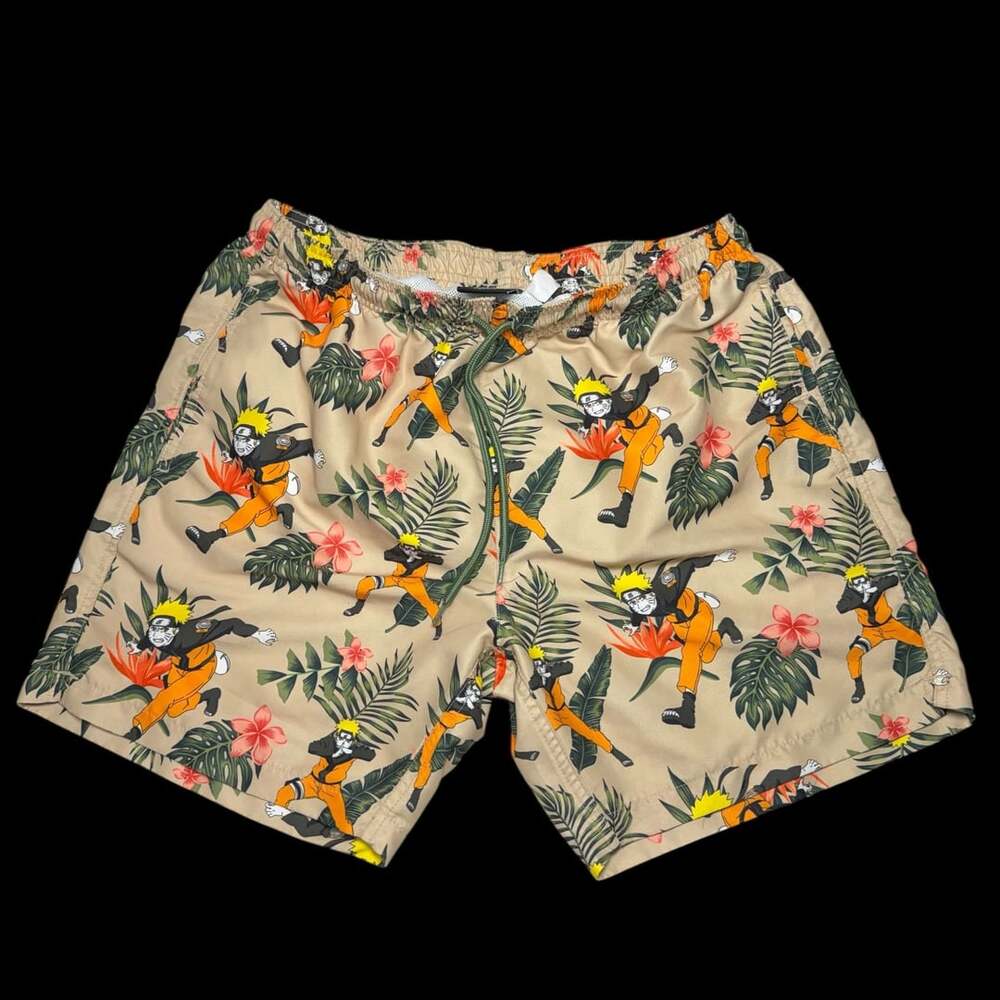 Naruto Shippuden Swim Trunks Size M Tan Floral Anime Board Shorts